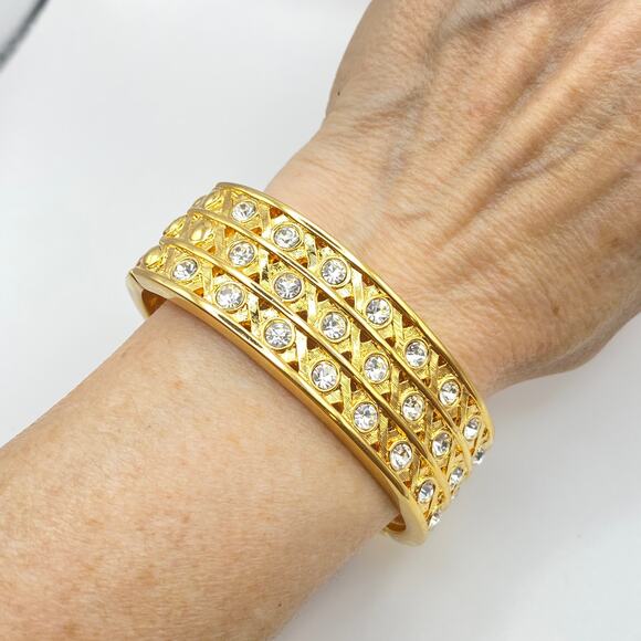 Vintage Signed SWAROVSKI Statement Gold Plated Crystal Clamper Cuff Bracelet - Picture 1 of 8
